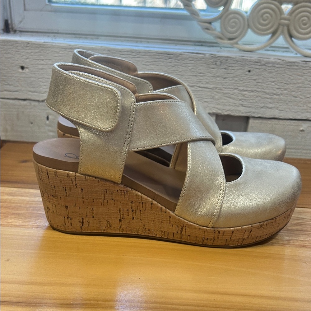 Corkys Metallic Gold Crisscross Cork Wedge Sandals - Picture 3 of 5